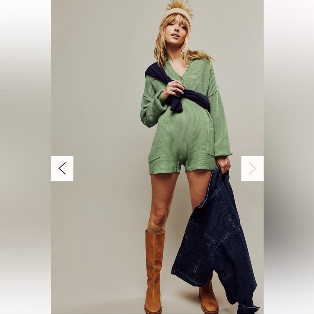 Free People Free-est Picnic Sweater Romper Linen Cotton Ribbed Green Small NEW